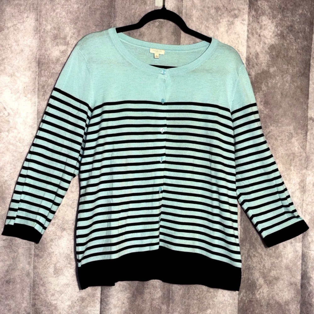 Talbots Cardigan Button Down Womens Size XL Blue Striped Preppy Coastal